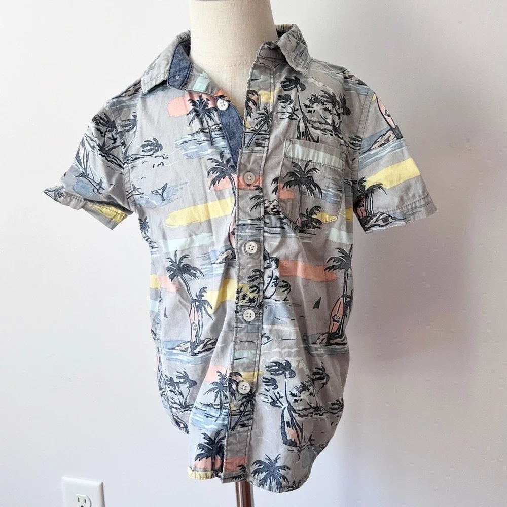 Gymboree Button Front Shirt Gray Tropical Palm Tree Surfboard XS‎ 4 Short Sleeve